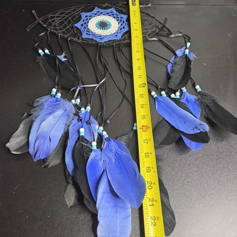 Large Evil Eye Dreamcatcher Blue Black Feather Boho Wall Hanging Decor Boho